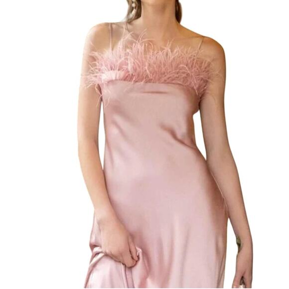 Blu Pepper Pink Satin Slip Midi Dress Faux Feather Trim NWT Medium - Picture 2 of 12